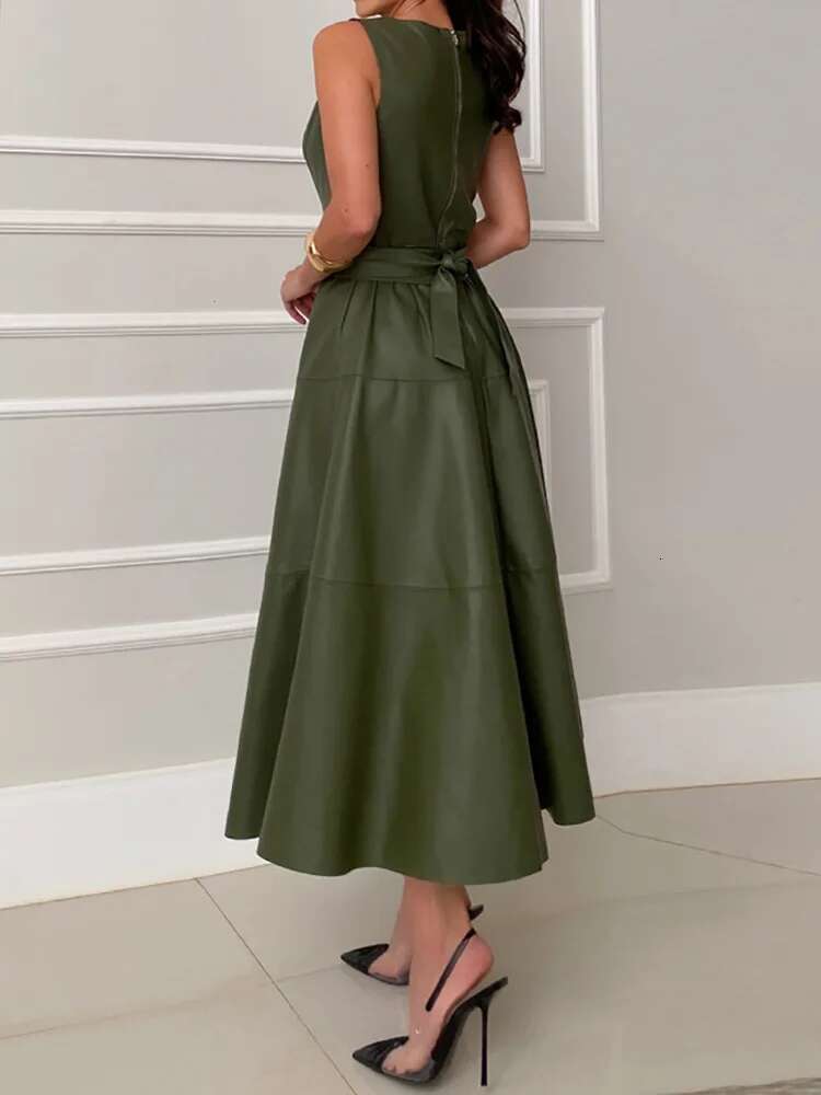 Solid Patchwork Leather Simple Party Women Spring Summer Lace-Up O Neck Maxi Dress, 2024 Sleeveless Elegant Ladies Dress