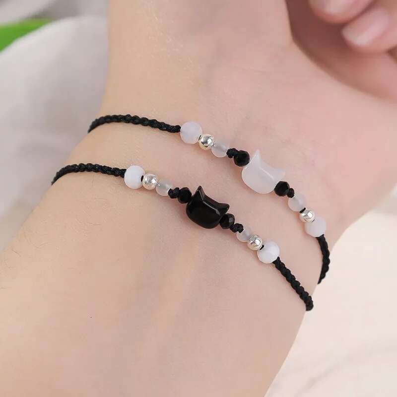 2pcs Natural Moonstone Obsidian Bracelets Couple Minimalist Handmade Cute Black White Cat Bracelet Party Jewelry Gifts