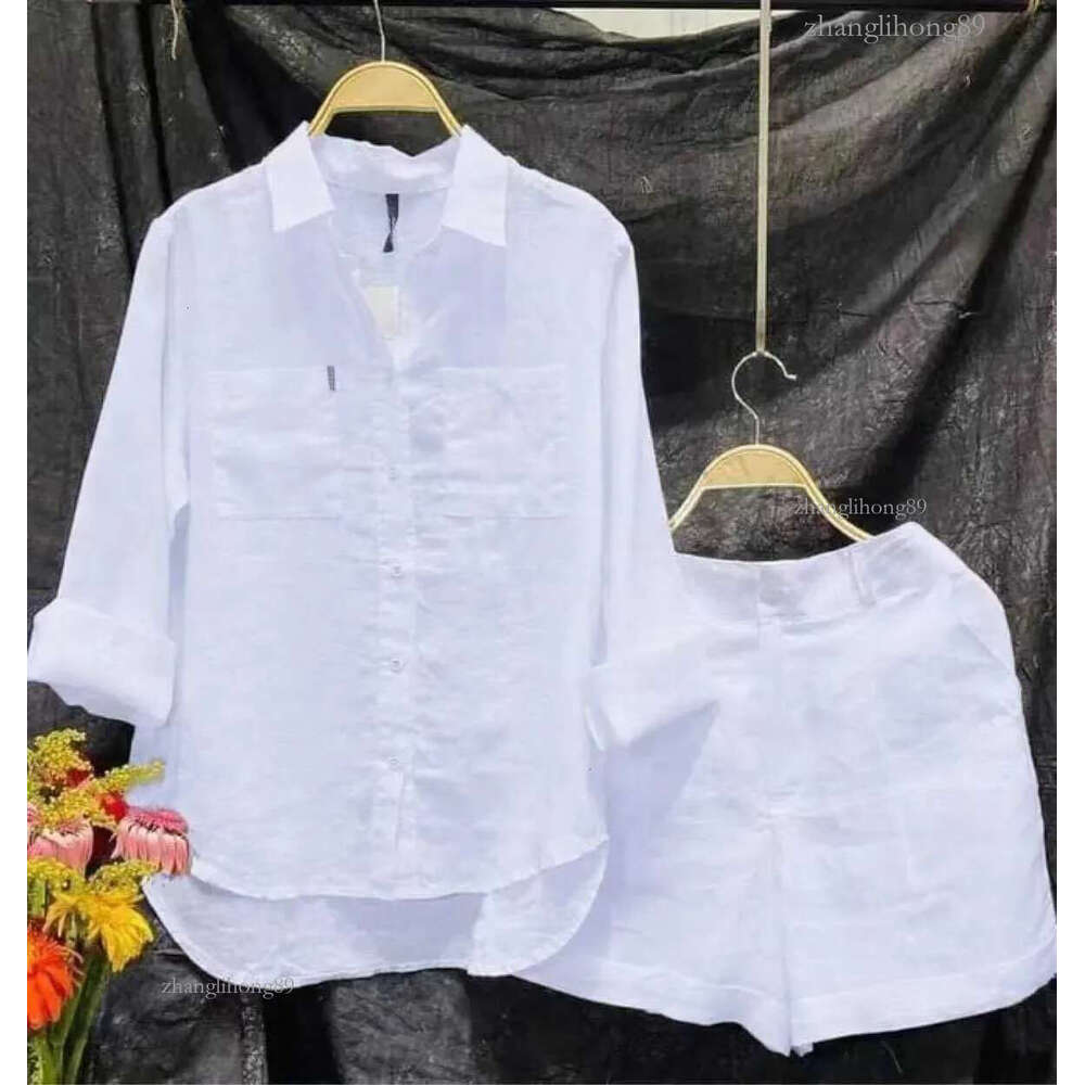 Long Fashion White Sleeve Shirt And Shorts Two Piece Sets Women Summer Cotton Linen Casual Home 2 Piece Set For Women 2