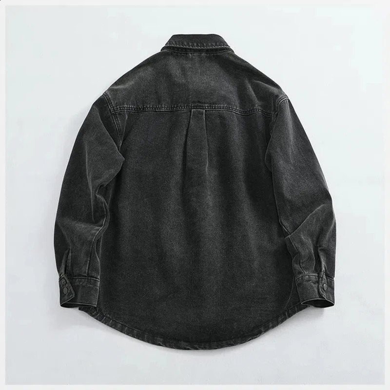 Loose sleeved fashion denim shirt jacket menswear top Heavy thick make old wash black gray 250226