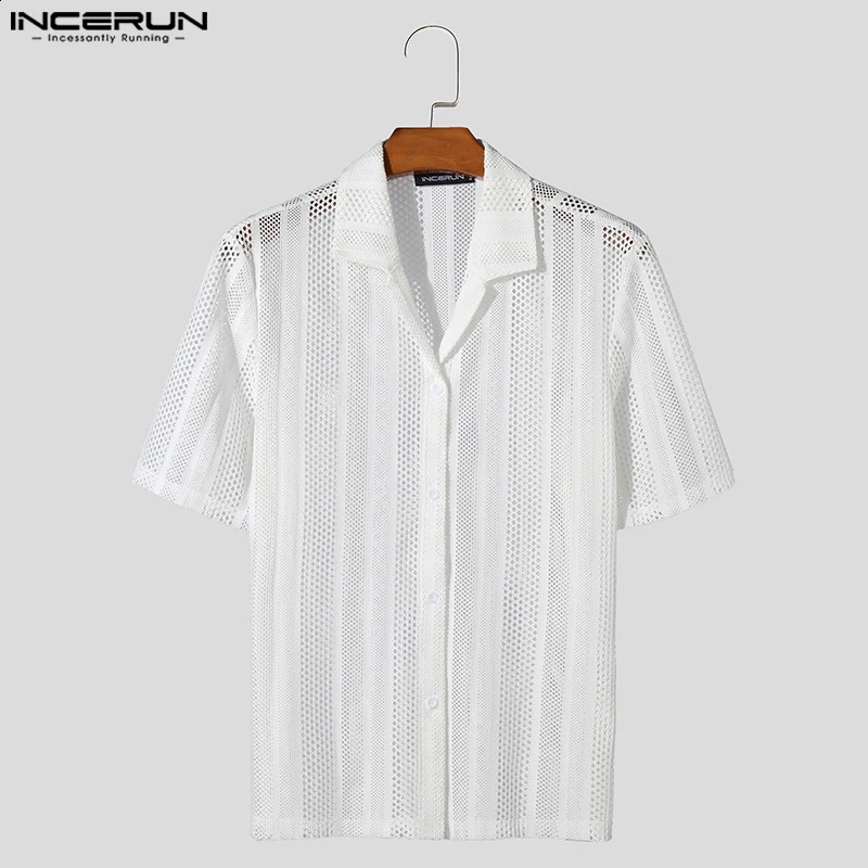 INCERUN Mens Shirt Mesh Transparent Lapel Short Sleeve Summer Shirts Streetwear Hollow Out Fashion Casual Shirts S-5XL 250224