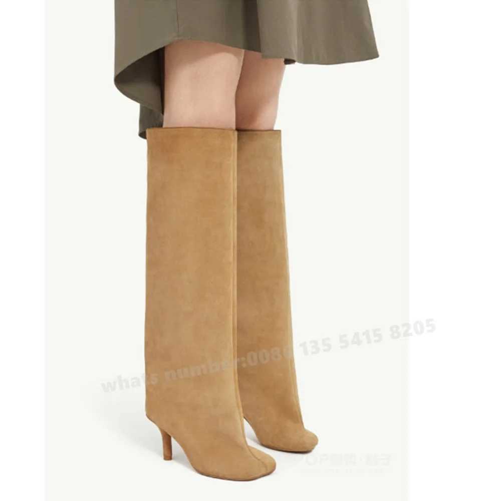Suede Kitten Heels Knee High Boots Beige Square Toe Slip On Solid Winter Womens Boots Luxury New Designer Casual Shoes Big Size Z250303