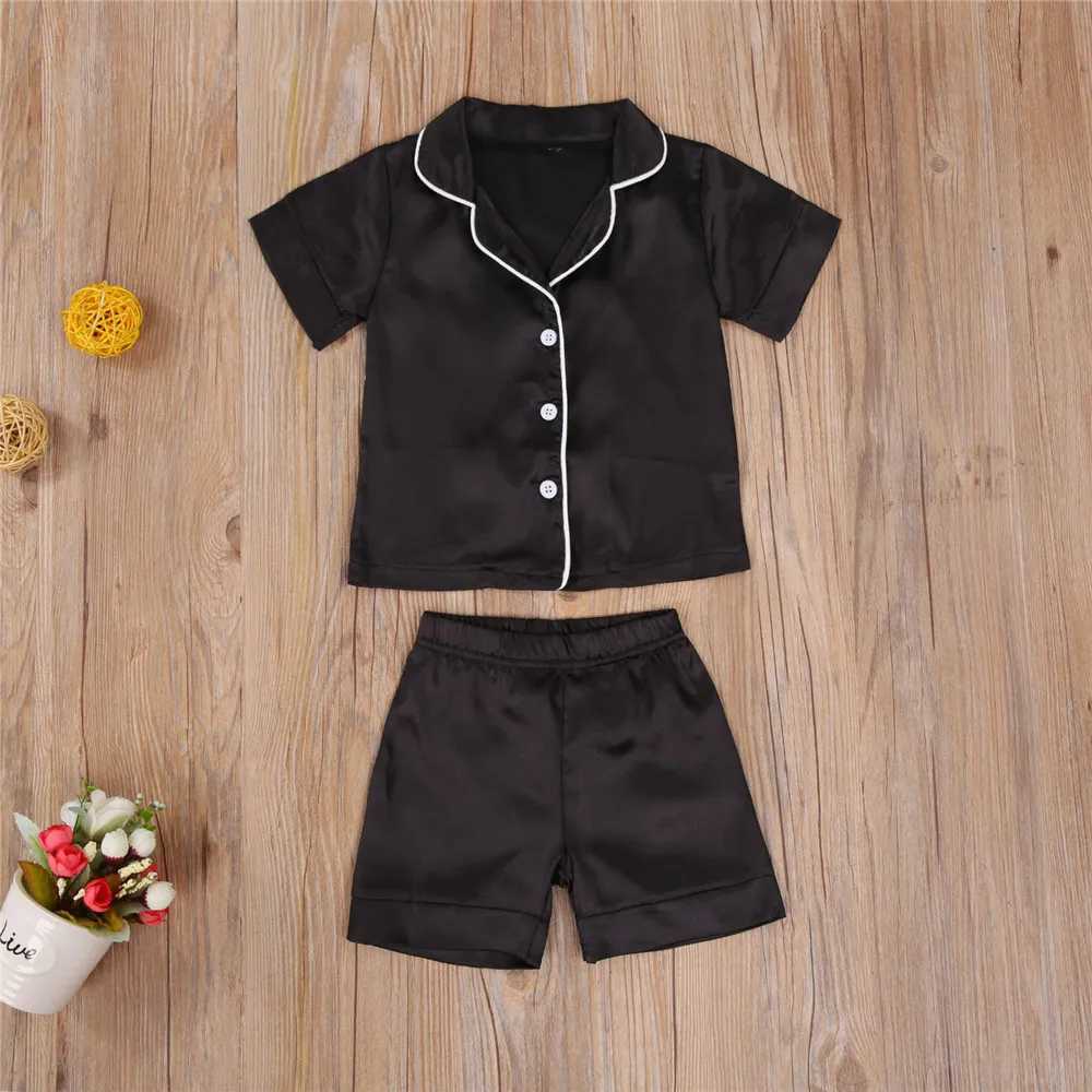 Toddler Baby Black Satin Pajamas Infant Boy Short/Long Sleeve Short/Long Pants Sleepwear Casual Button Two-pieces Set HomewearT250303