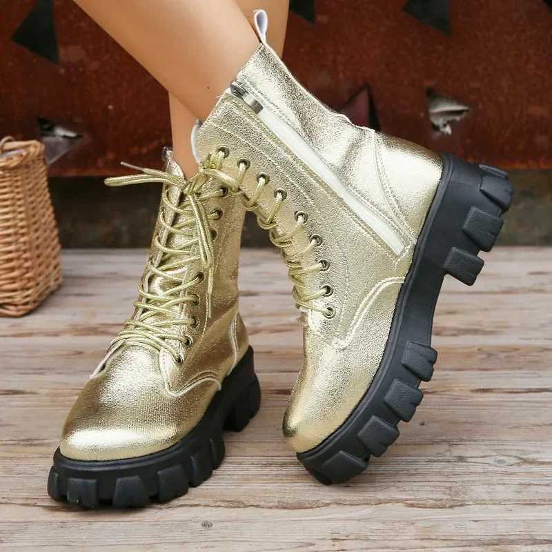 Shining gold womens boots 2023 new high top lace motorcycle boots street fashion casual platform boots womens Zapatos De Mujer Z250303