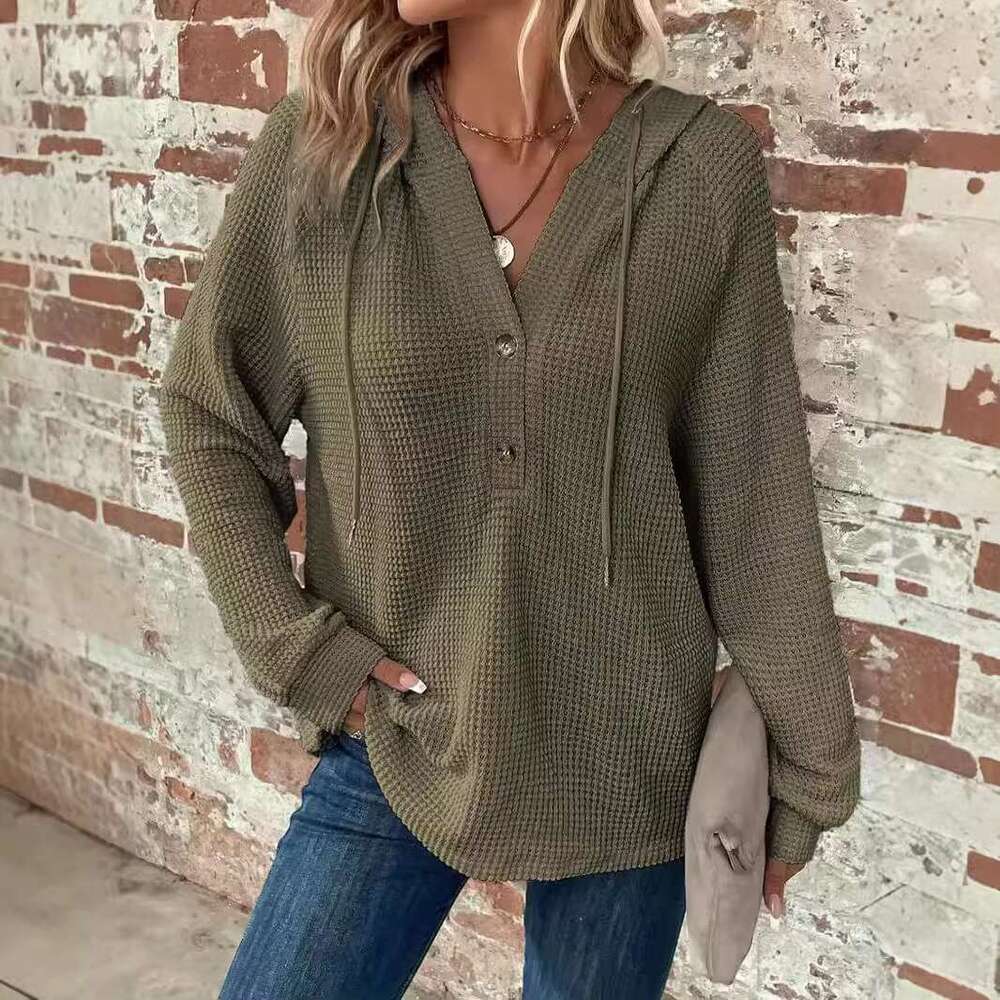 Women's Waffle Grid Knitting Hoodie V-Neck Long Sleeves Pullover Casual Sweatshirt