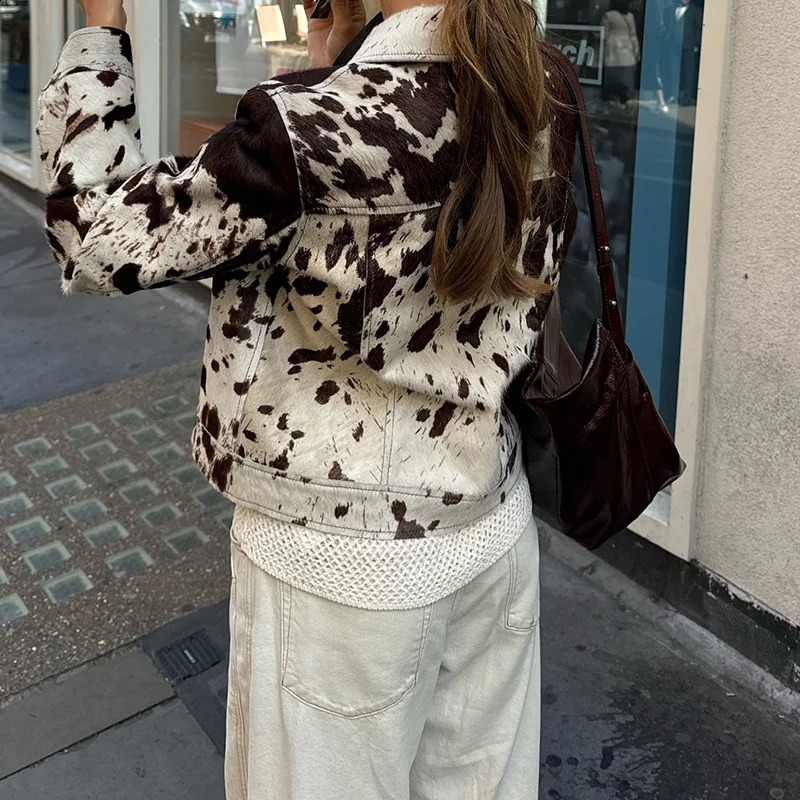 Chic Print Women Jacket Single Breasted Niche n Fashion Turndown Collar Autumn Winter Casual Lady Outerwear 250228