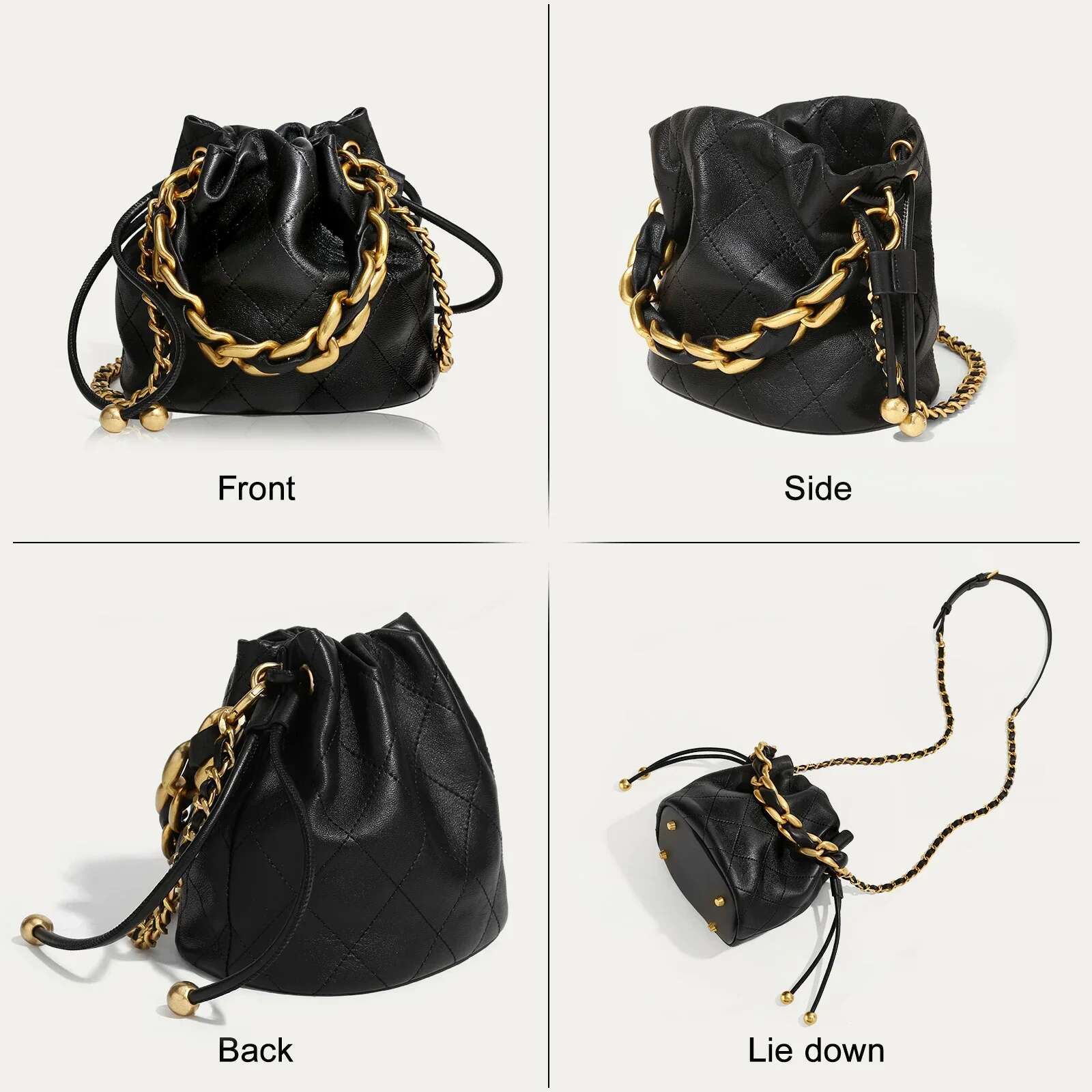 ITAMOOD Genuine Leather Quilted Drawstring Bucket Bag Women With Chain Strap Crossbody Handbag For Commuting Christmas Gift