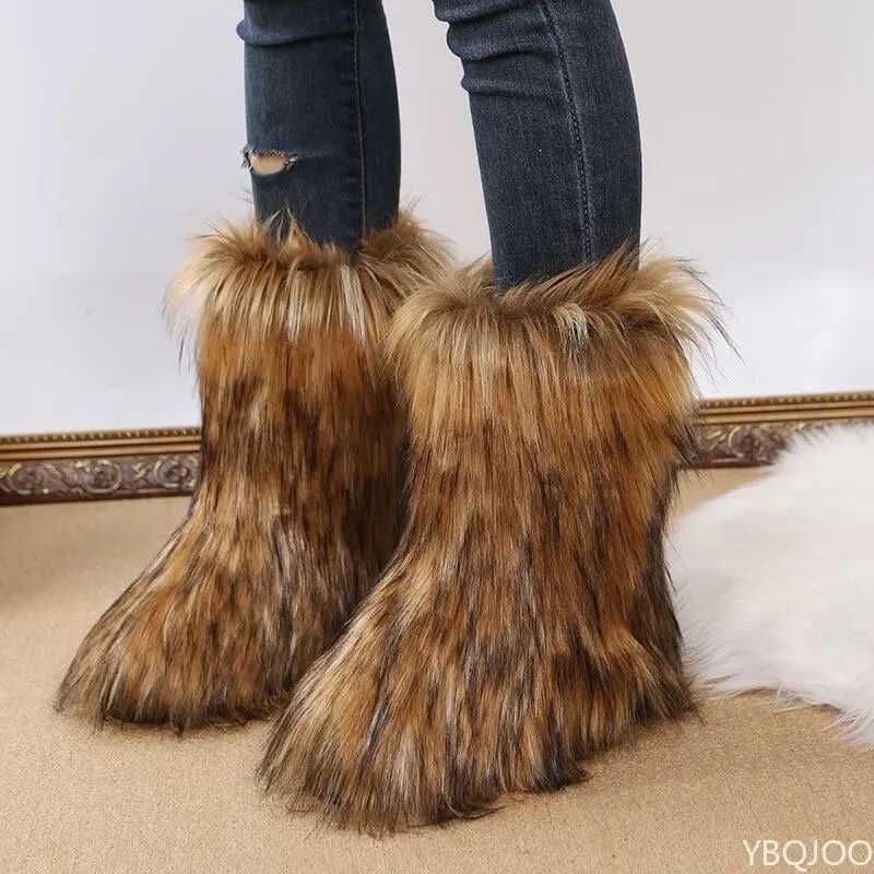 Womens Winter Snow Boots Outdoor Luxury Furry Faux Fox Fur Boots Woman Plush Warm Platform Shoes New Fashion Boots Big Size Z250303