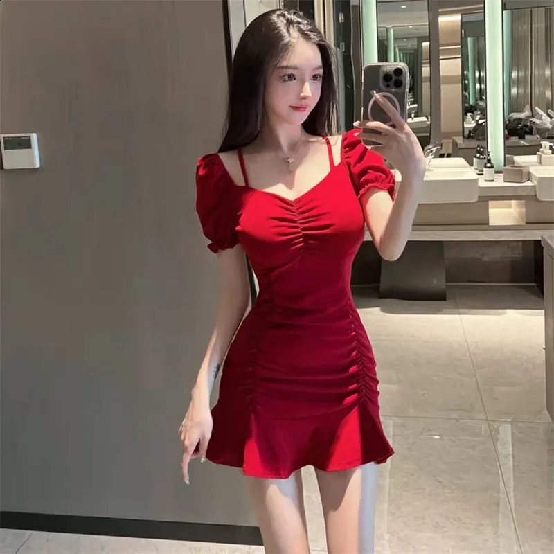 Black pendant mini dress summer sexy off shoulder fishtail vest Y2k Korean elegant evening 250227Z