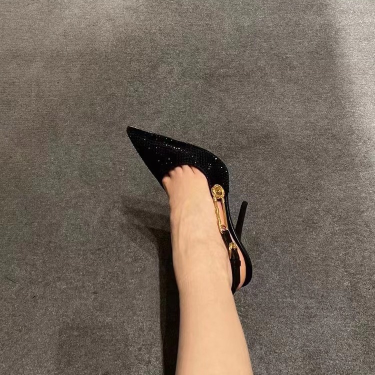 Black Rhinestone High For Women In 2023, New Pointed Thin Heels With Metal One Line Buckle, Socialite Banquet Headband Sandals