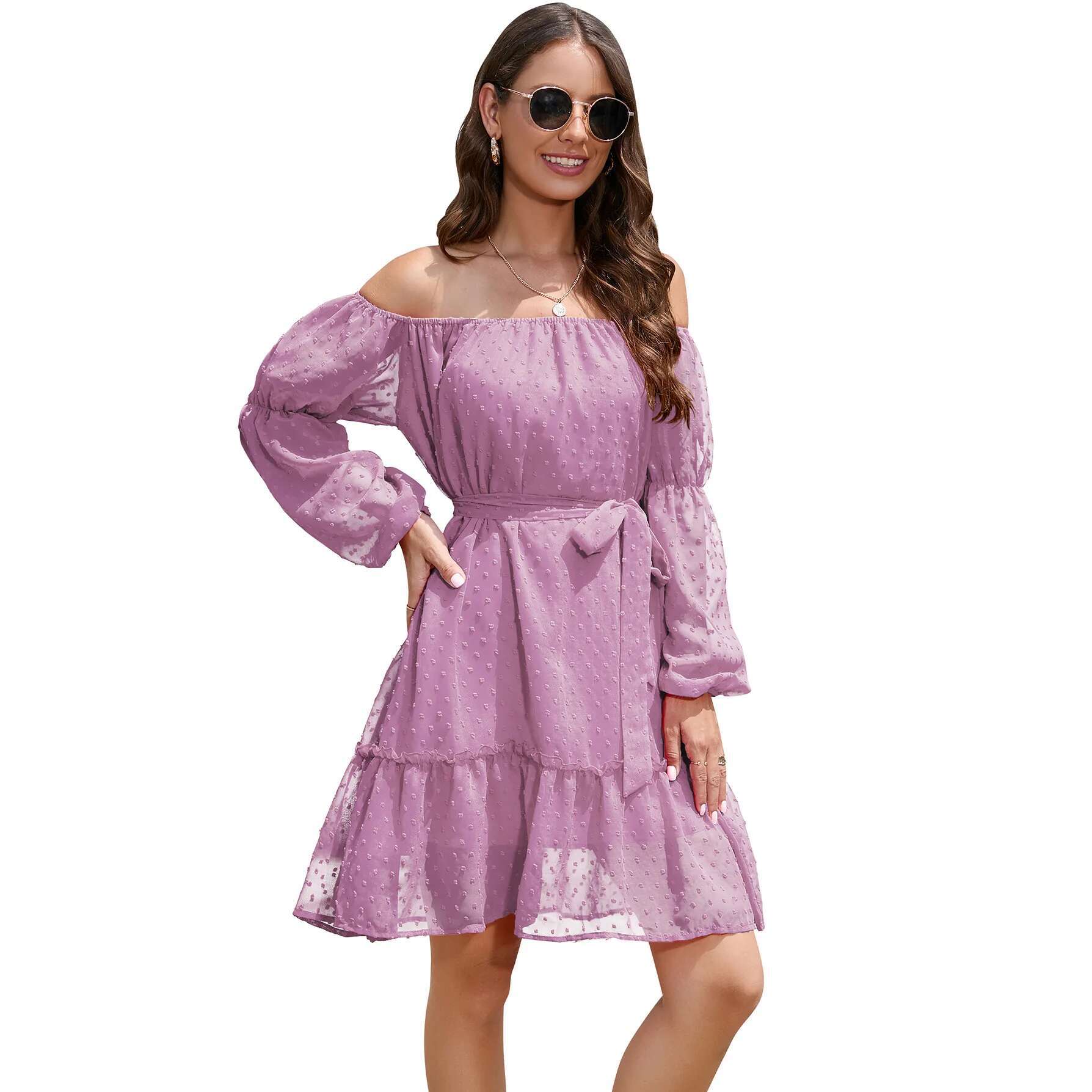Women's Beach 2024 Spring Summer Women Elastic Collar Long Sleeved Chiffon Waistband Off Shoulder Ing Dress