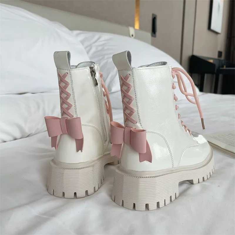 Boots For Women With Pink Bow Contrast Color Patent Leather Biker British Style Platform Ankle Boots Non-slip Thick Sole Shoes Z250303