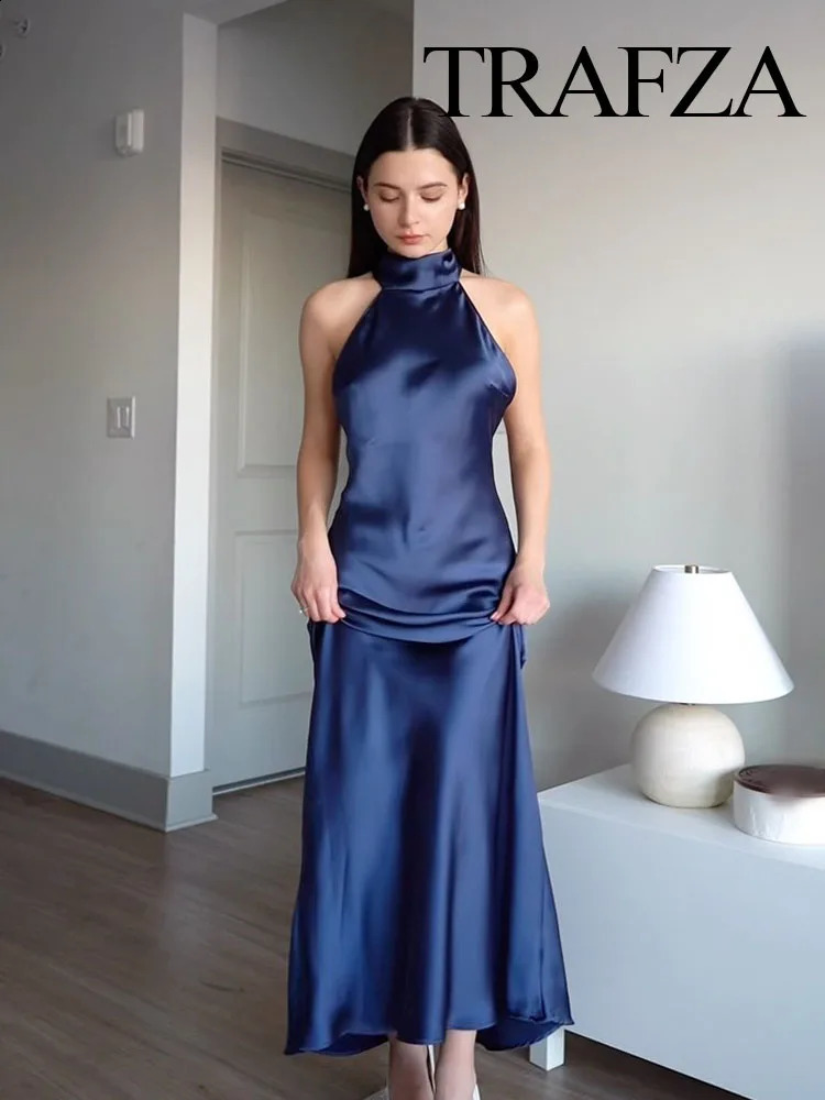 TRAFZA Summer Fashion Women Dress Solid Sleeveless Backless Bow Decoration Zipper Female Elegant Slim Long Dresses 5 Color 250228