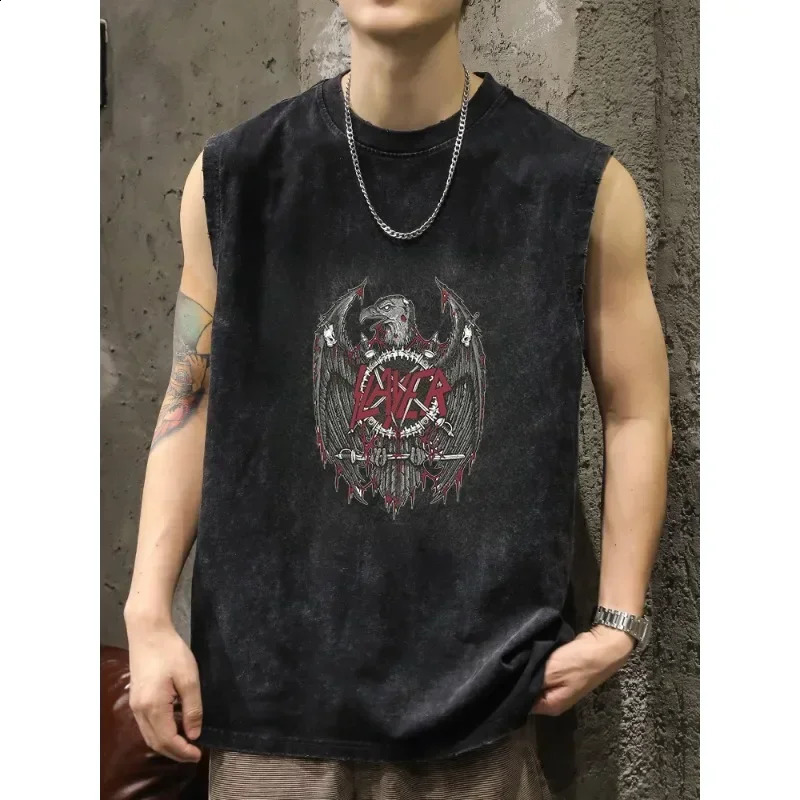 100% pure cotton slave killer band torrent metal god hate using old wash retro wax printed sleeveless T-shirt vest 250226