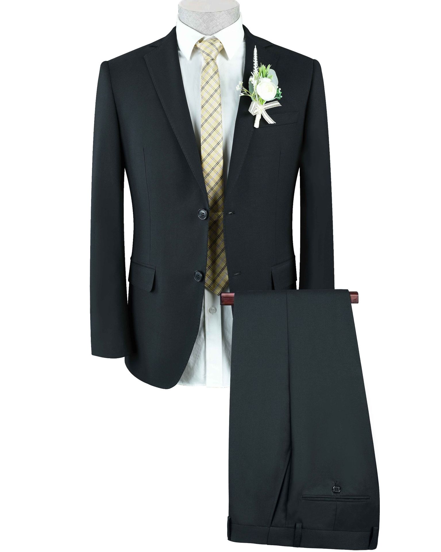 F32Elegant Men's Black Business Suit with Imitation Wool & Yarn Dyeing Technology