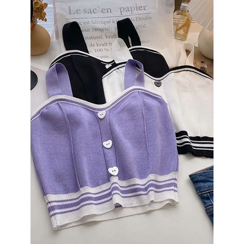 Cute With Y2K Buttons Knitted Crop Ladies Camis For Tops Knit Patchwork Top Women Summer