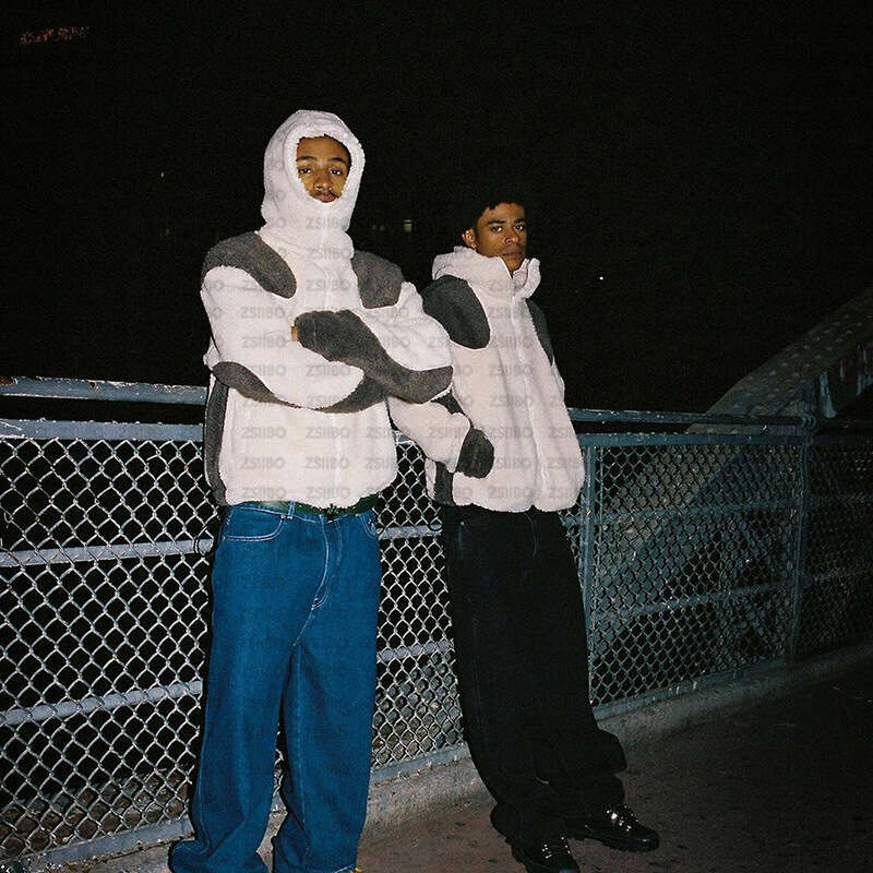 Autumn and winter splicing hooded zipper trend fashion fleece plush couple jacket