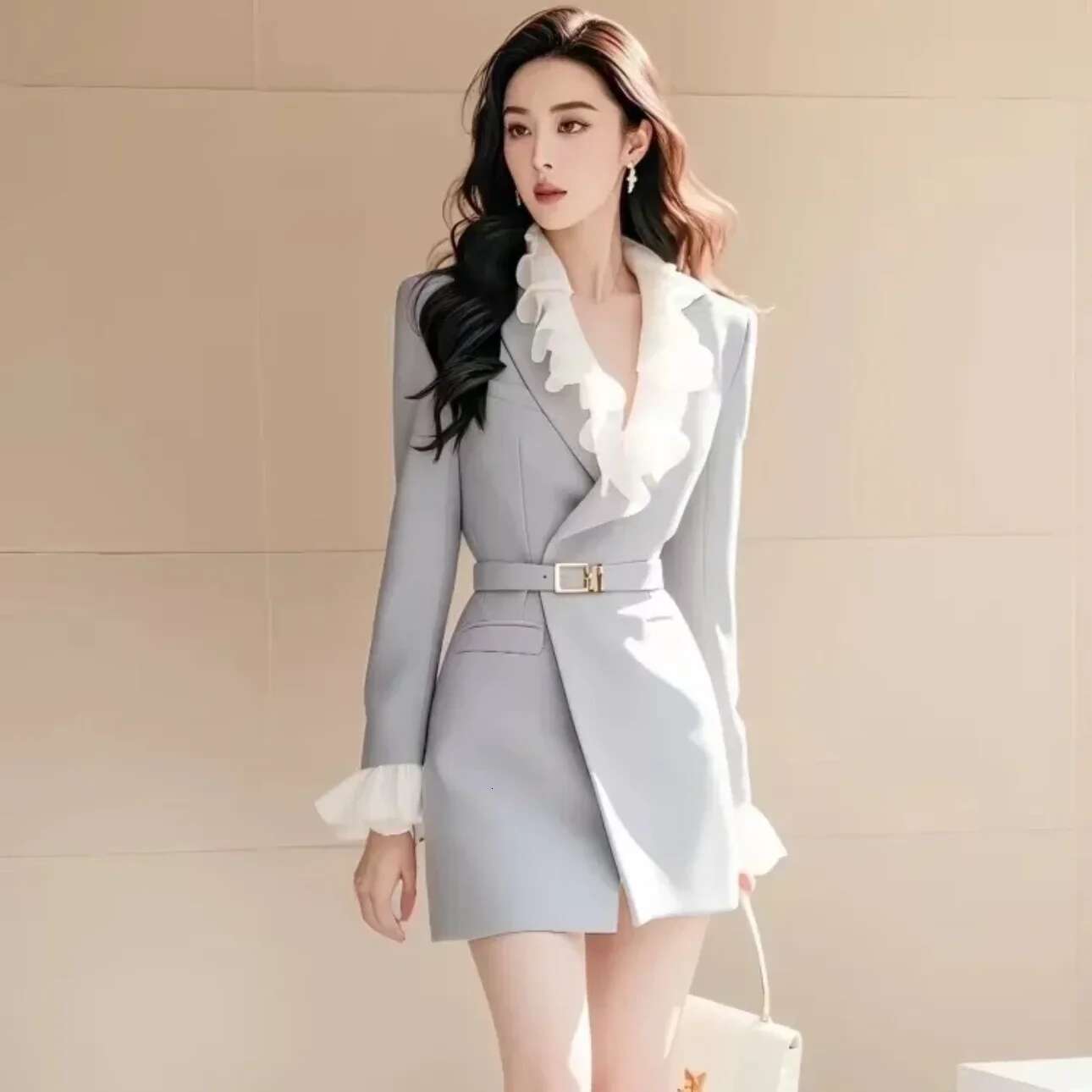 Autumn Formal Ocn High End French Style Long Sleeved Spliced Ruffle Waist Slimming Short Suit Dress For Women