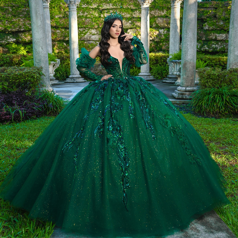 Emerald Green Shiny Quinceanera Dresses Ball Gown Off Shoulder Applique Lace Beads Tull Corset Sweet 16 Dress Vestidos 15 De Anos