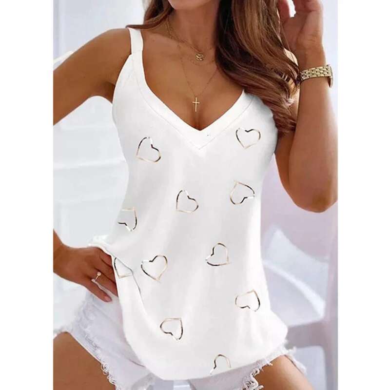 Sexy Camisole Women's Simple Summer Fashion Love Heart Printed Tank TopLoose Fit Sleeveless V-neck Bottoming Shirt