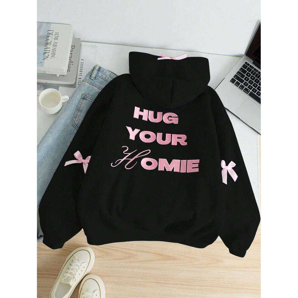 New autumn and winter letter embroidery trendy brand loose with bow decoration sweet hoodie batch