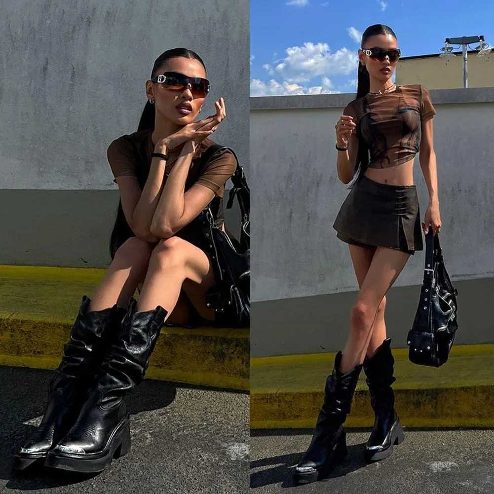 Luxury brand motorcycle womens calf boots platform short and fat high heels Gothic metal punk shoes womens winter comfortable design boots Z250303