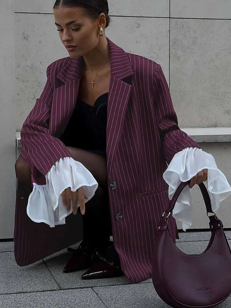 Ruffle Patchwork Striped Women's Blazer Fashion Loose Wine Red Long Sleeve Single Breasted Suit Jacket Elegant Streetwear