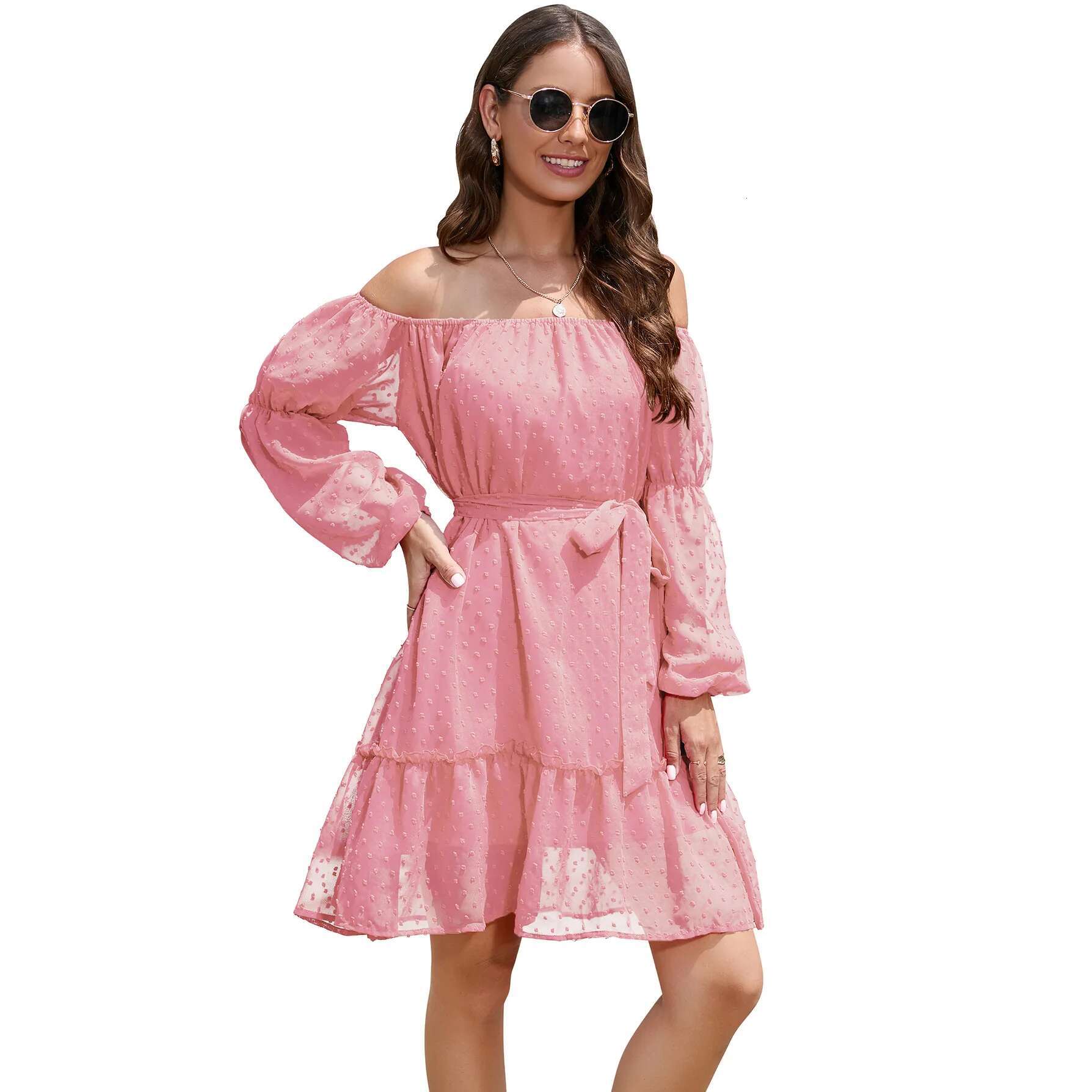 Women's Beach 2024 Spring Summer Women Elastic Collar Long Sleeved Chiffon Waistband Off Shoulder Ing Dress