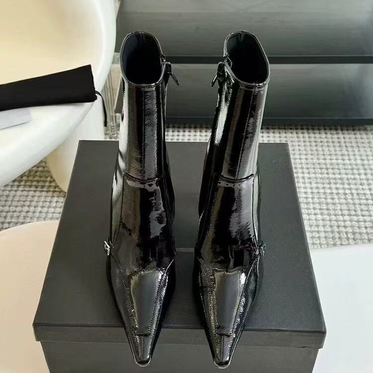 Sharp pointed short for women 2025 new spring and autumn season high heels patent leather fashionable slim thick heel mid tube boots