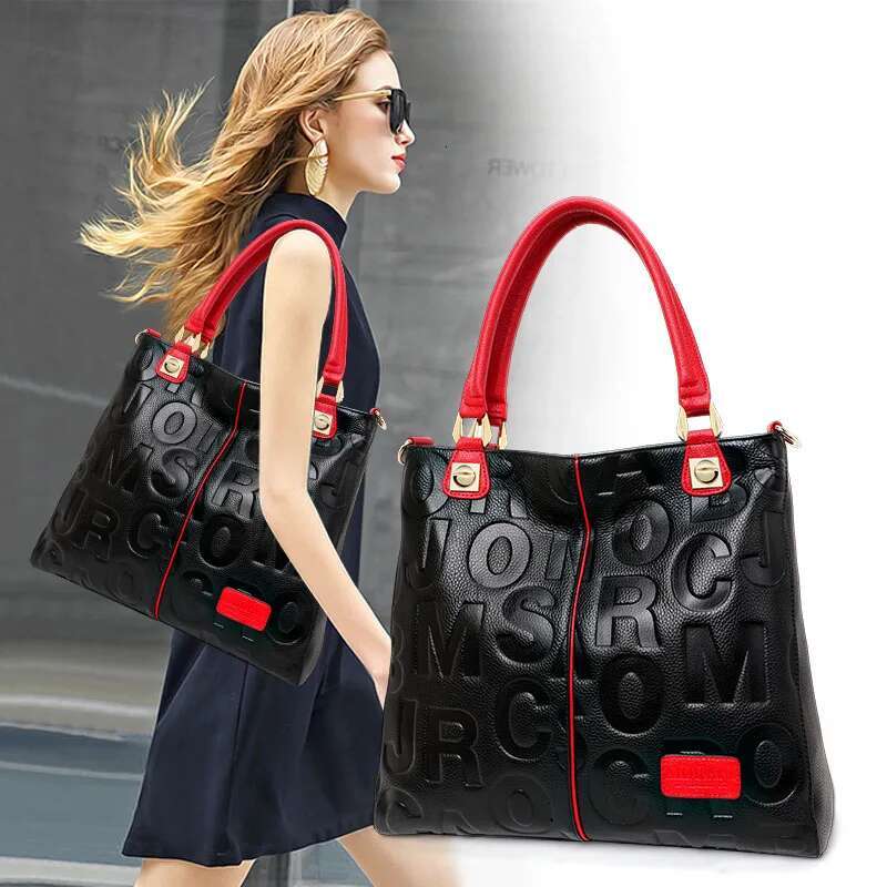 New Fashion Versatile Women's Handheld Shoulder With Large Capacity Letter Printing High Quality Cowhide Tote Bag