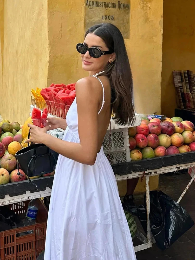 ZBZA Womens Backless Midi Dress Waistband V Neck Solid Pullover High Waisted Loose Fitting Camisole A-line Skirt Chic Dress 250226