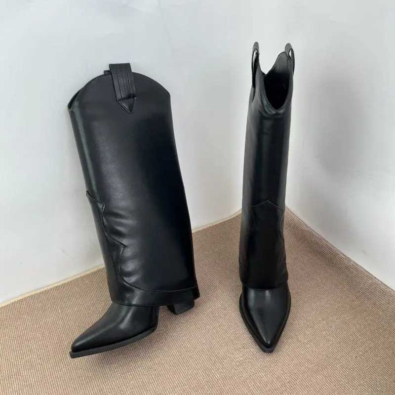 FHC 2024 New Women Knee High Pants BootsWinter ShoesWestern Cowboy BootsPointed ToeBlackBlueStockDropship Z250303