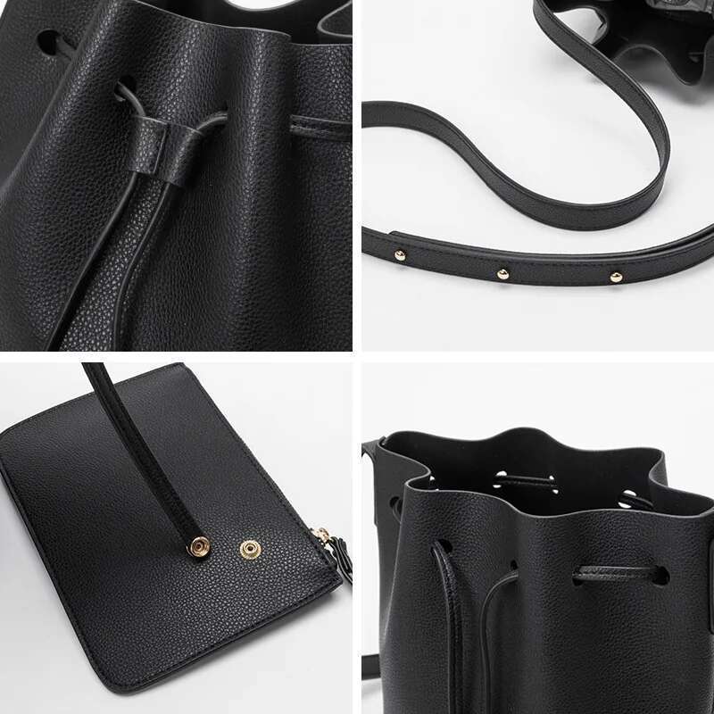 Women Classic Bucket Genuine Leather Shoulder Messenger Crossbody Bag Ladies String Handbag