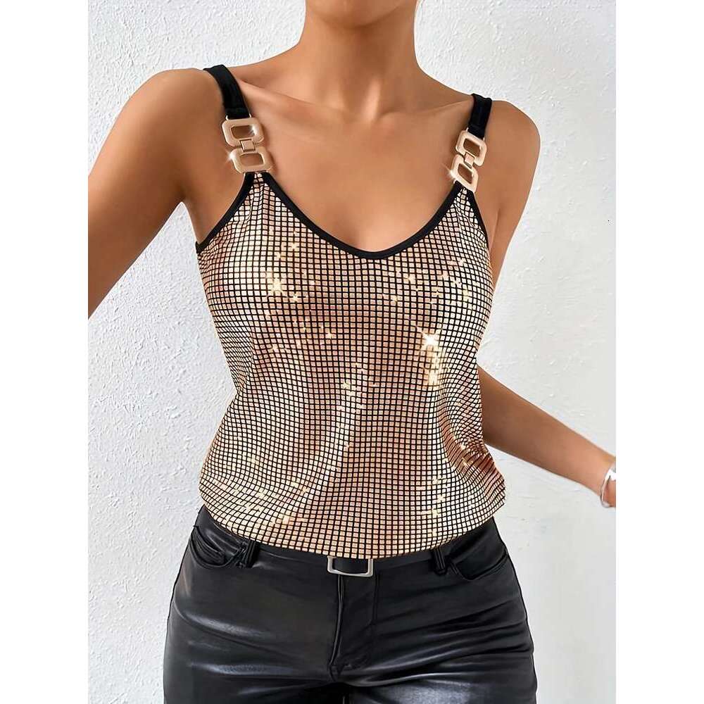 Nightclub Sleeveless Sequined Top,Tanks & Sexy Tank Top,White Tops Clothes Y2k For Women &