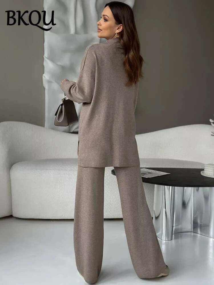 Fashion 2 Pieces Sets Women Half Turtleneck Split Sweater Wide Leg Pants Autumn Winter Loose Warm Knitted Outfits