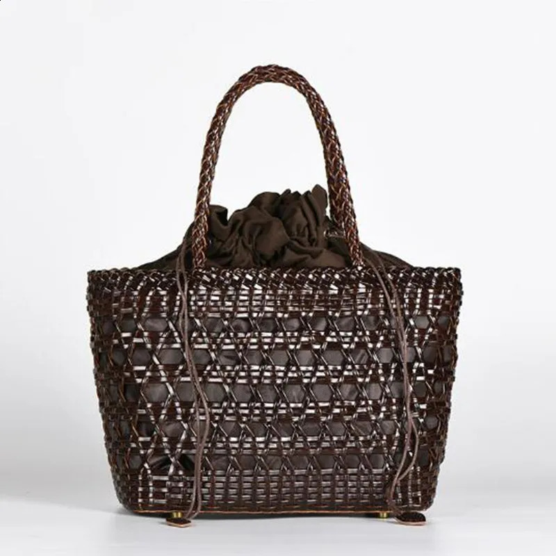 2024 Womens Genuine Leather Woven Shoulder Bag with Inner Bag Weaving Casual Shopping Bag Vintage Tote Purse 250305