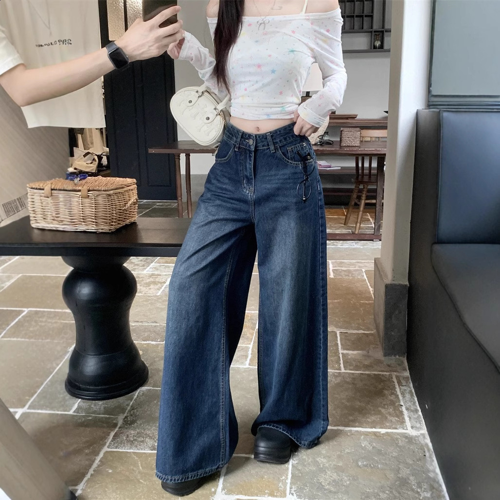 American washed wide leg jeans for women high waisted loose fitting straight leg pants with a hanging sensation floor length pants 250120