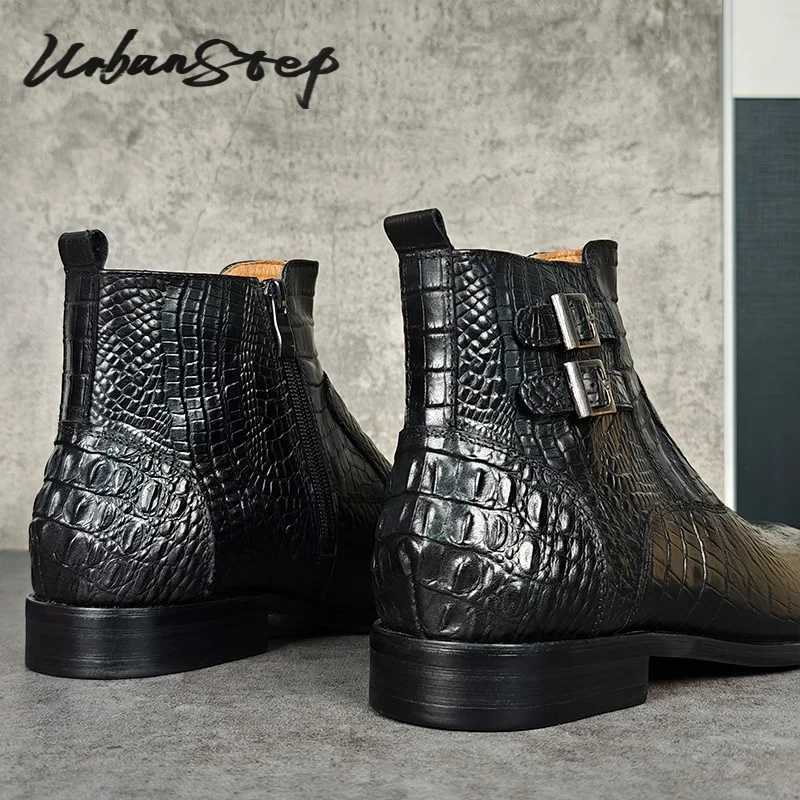 Luxury Men Ankle Boots Shoes Black Crocodile Printed Zipper Chelsea Double Buckle Genuine Leather Dress Men Boots Z250303
