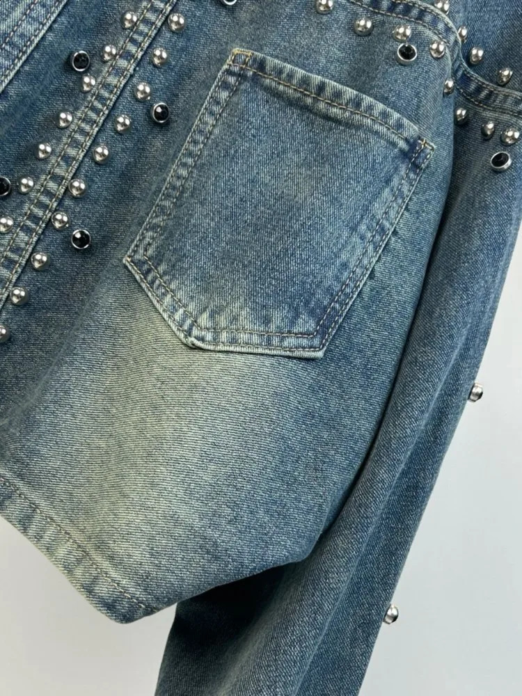 Rivet n womens denim jacket long sleeved single button Vneck high waisted short personalized street wear clothing 250228