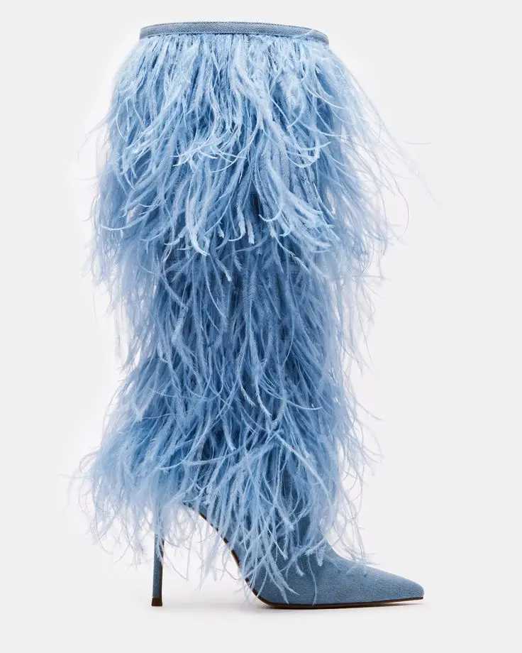 Fur Pointed Toe Pink/Blue Knee High Boots Womens Sexy Feather Colored Leather High Boots Luxury Designer Party Shoes Z250303