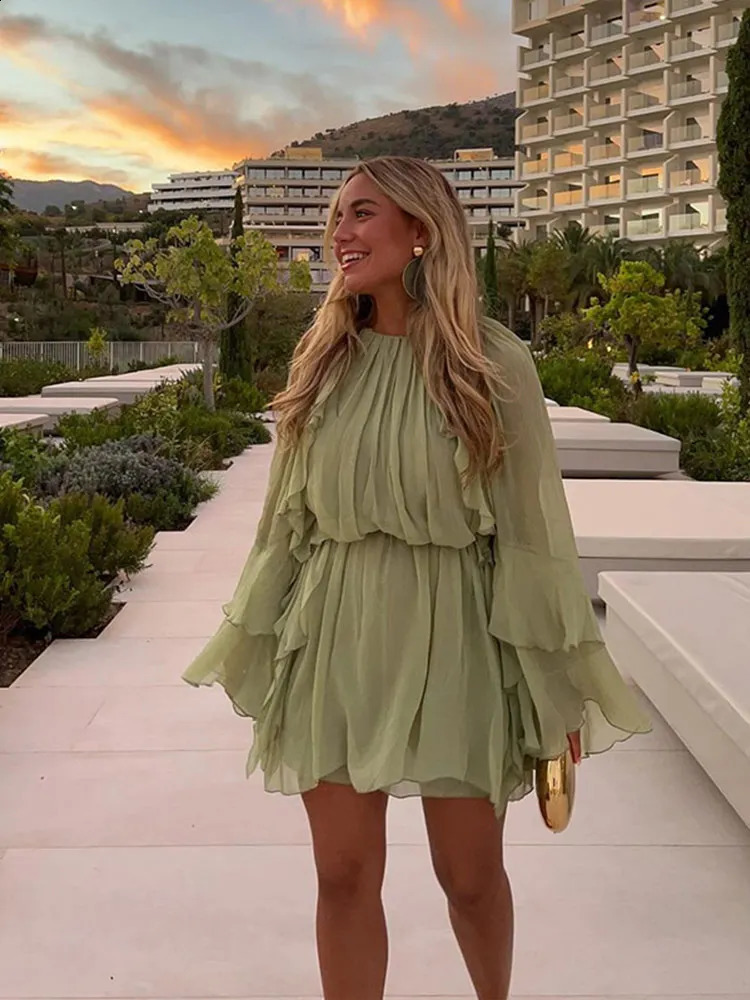 Elegant Women Green Irregular Ruffles Loose Mini Dress Fashion O Neck Full Sleeve Short Dresses Spring Summer Chic Lady 250227Z