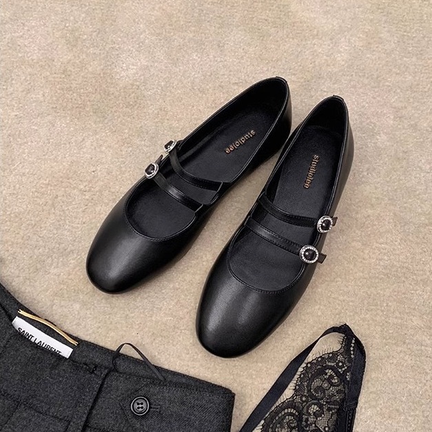 Instant Grape Mom Same Cute Round Head Diamond Double Buckle with Commuter Small Low Heel Mary Jane Single Shoe