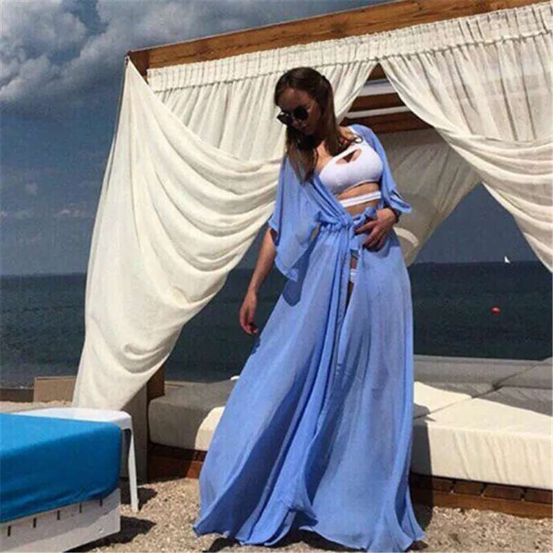 Summer Designer Women s New Sunshade Sexy Bikini 2025 Chiffon Long Solid Color Dress Women s Outdoor Swimsuit Beach Waist Coat