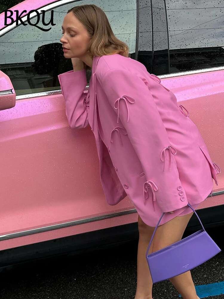 Patchwork Bow Women Elegant Notched Collar Pink Long Sleeve Blazer Autumn Chic Loose Single Breaste Office Coat