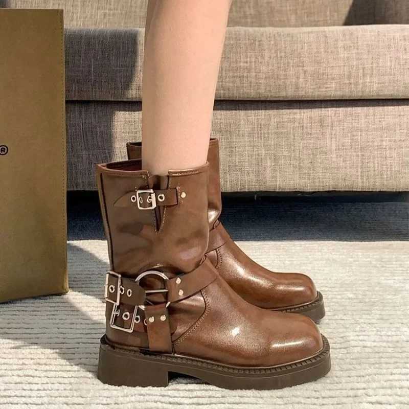 Womens Ankle Boots Autumn Work Fashion Elegant Punk New in Black Luxury Low Heel Round Toe Leather Dropshipping Center Footwear Z250303