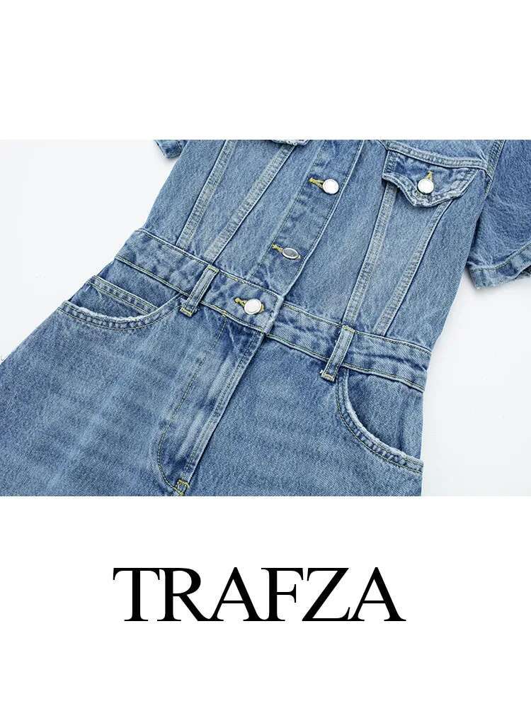 TRAFZA Summer Woman 2023 Blue Turn-Down Collar Multi-Pocket Short Sleeve Single Breasted Female Chic Denim Dresses
