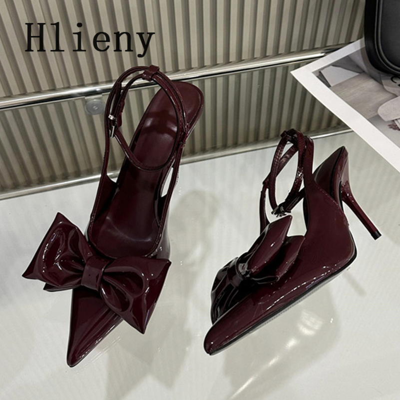 White Wine Red Ankle Strap Stilettos For Woman Patent Leather Bow Pointed Toe Slingbacks High Heels Sandals Women Pumps Shoes w250228
