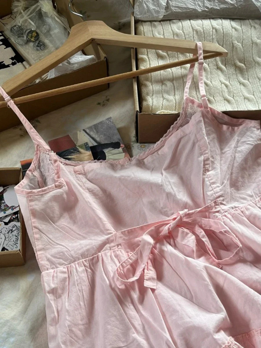 Women Floral Embroidery Pink Dress 2024 Summer Cotton Sleeveless Buttons Laceup Short Dresses Sweet Preppy Ruffles 250227