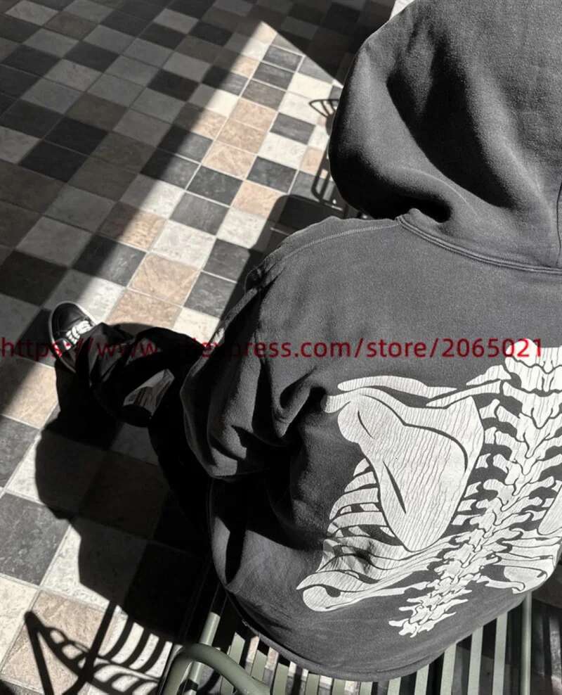 Washed SAINT Hoodie Men Women Skeleton Rib Cracking Printing Pullover