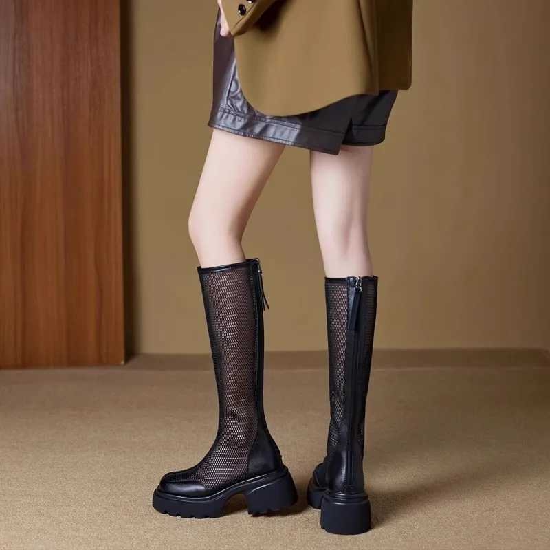 Boots Women Chunky Heel Knee-length Platform Women Female Round Toe Zipper Sandals Mesh Ladies Fashion Comfort Women Shoes Z250303